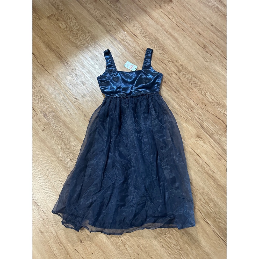 Louche Sheherazade Satin Organza Midi Dress Navy Blue US 8 UK 12 NWT Flaws